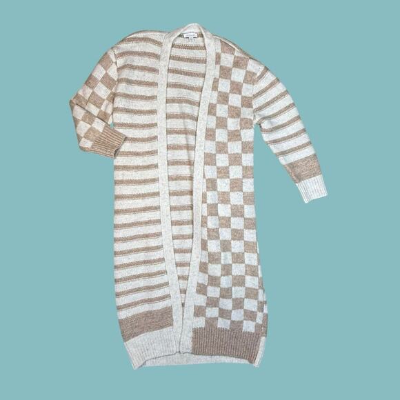 TopShop Oversized Checkerboard Stripe Maxi Cardigan Cream XS - Picture 2 of 9